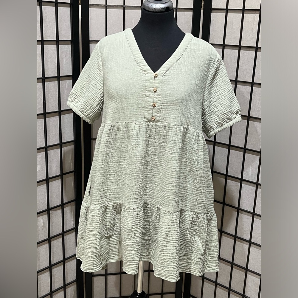 GeeGee Green TIERED BABYDOLL SHORT SLEEVE MINI COTTON GAUZE DRESS SIZE M